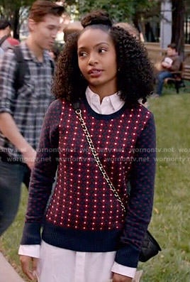 Zoey's navy and red printed sweater on Black-ish