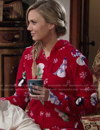 Abby’s red Christmas snowman print onesie on The Young and the Restless