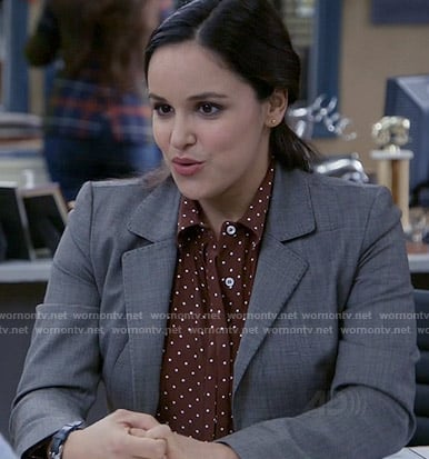 Amy's burgundy polka dot shirt on Brooklyn Nine-Nine