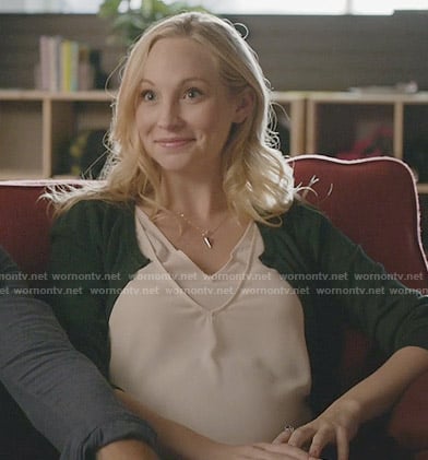 Caroline's white v-neck layered top on The Vampire Diaries