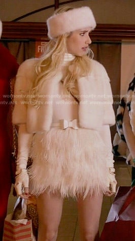 Chanel’s white cropped fur jacket and feather skirt on Scream Queens