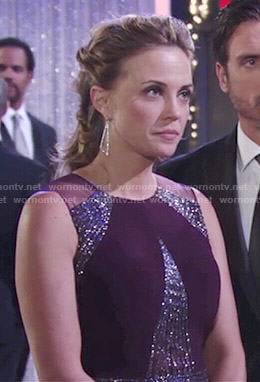 Sage’s purple embellished gown at Abby’s wedding on The Young and the Restless