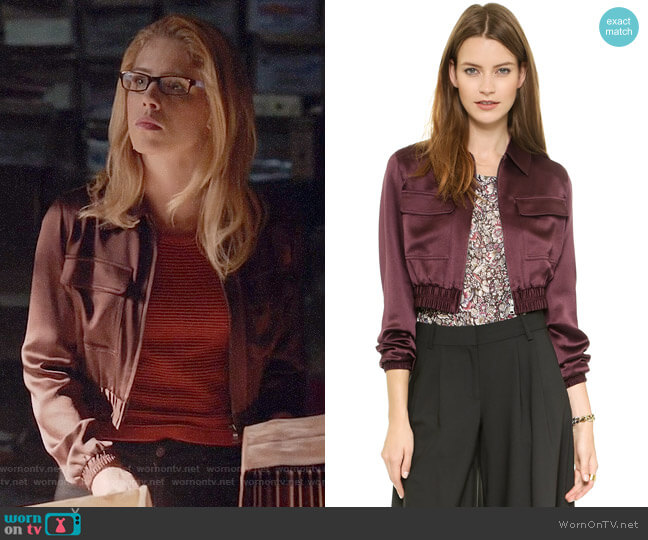 Club Monaco Seraphina Cropped Bomber Jacket worn by Felicity Smoak (Emily Bett Rickards) on Arrow