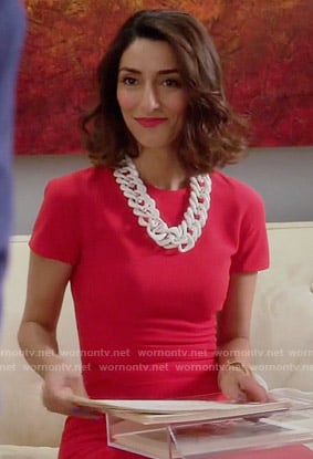 Delia’s red short sleeved dress on Girlfriends Guide to Divorce