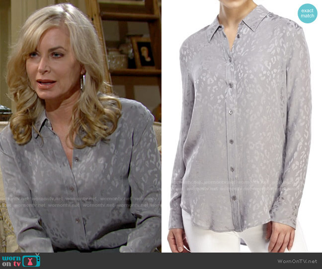 Equipment Reese Leopard Silk Shirt in Frost Grey worn by Ashley Abbott (Eileen Davidson) on The Young and the Restless