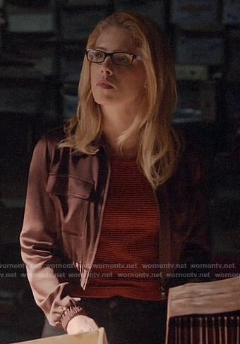 Felicity's red striped top and cropped burgundy jacket on Arrow