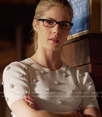 Felicity’s white pearl embellished sweater on Arrow