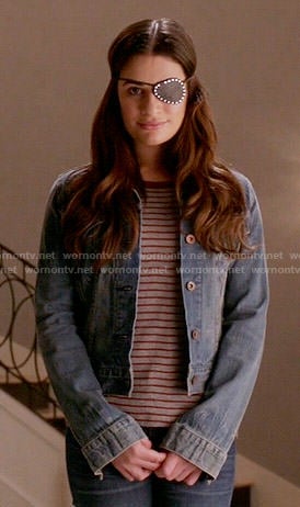 Hester's grey and red striped t-shirt and denim jacket on Scream Queens