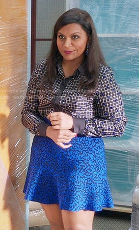 Mindy's checked shirt and blue printed skirt on The Mindy Project