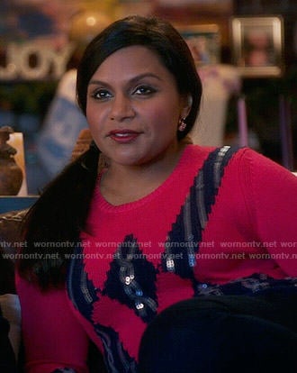 Mindy’s red geometric sequined sweater on The Mindy Project