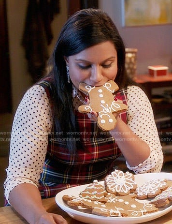 Mindy’s red plaid dress and heart print shirt on The Mindy Project