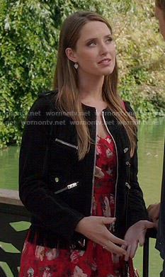 Ophelia’s red floral dress and black jacket on The Royals