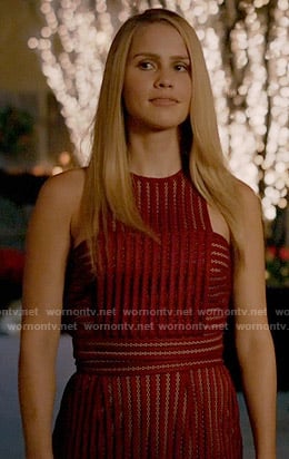 Rebekah's red mesh striped dress on The Originals