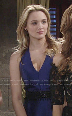 Summer’s blue v-neck dress at Abby’s wedding on The Young and the Restless