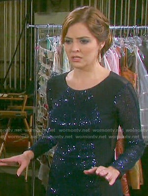 Theresa’s navy blue sequined long sleeve dress on Days of our Lives