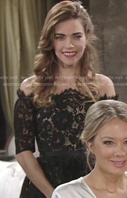 Victoria’s black lace off-shoulder dress at Abby’s wedding on The Young and the Restless