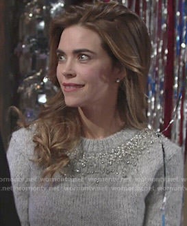 Victoria’s grey embellished sweater and buckled skirt on The Young and the Restless