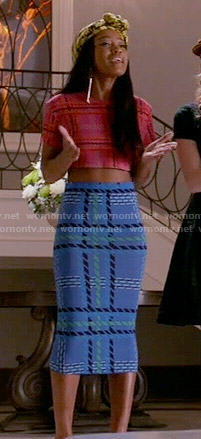 Zayday's pink plaid crop top and blue plaid tube skirt on Scream Queens