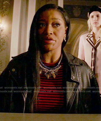 Zayday's red striped top and leather jacket on Scream Queens