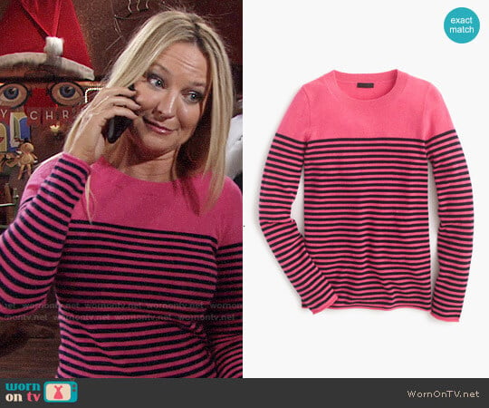 J. Crew Collection Cashmere Long Sleeve T-shirt in Fuschia Navy worn by Sharon Newman (Sharon Case) on The Young and the Restless