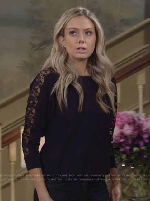 Abby's blue lace sleeve sweater on The Young and the Restless