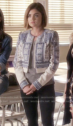 Aria's blue and white studded jacket on Pretty Little Liars