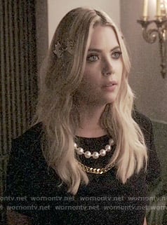 Hanna's black chain and pearl embellished top and skirt on Pretty Little Liars