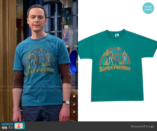 Junk Food Clothing Super Friends T-shirt worn by Sheldon Cooper (Jim Parsons) on The Big Bang Theory