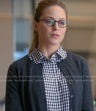 Kara’s gingham checked shirt and grey cardigan on Supergirl