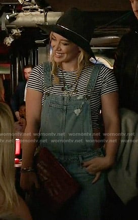 Kelsey's denim overalls and striped crop top on Younger