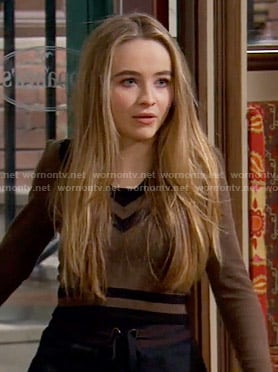 Maya's brown cropped varsity sweater on Girl Meets World