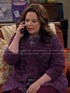 Molly's purple cardigan and plaid shirt on Mike and Molly