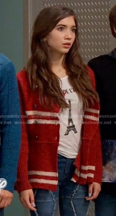 Riley’s red striped knit jacket and Eiffel Tower top on Girl Meets World