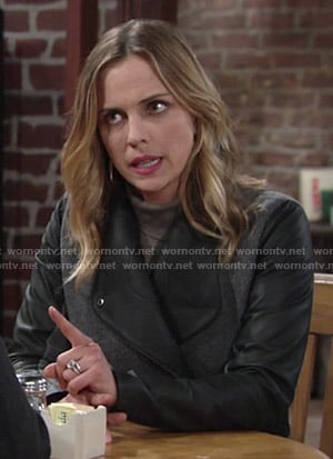 Sage’s grey coat with leather sleeves on The Young and the Restless