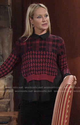 Sharon’s red plaid and houndstooth layered sweater on The Young and the Restless