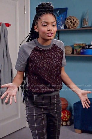 Zoey’s purple lace front top and checked pants on Black-ish