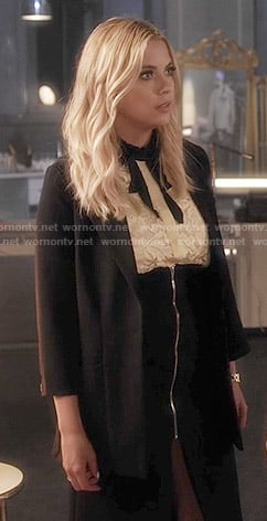 Hanna’s yellow lace top and black zip-front skirt on Pretty Little Liars