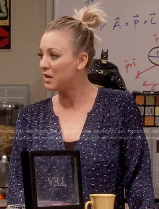 Penny’s navy printed blouse on The Big Bang Theory