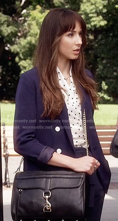 Spencer’s white polka dot wrap top and navy suit on Pretty Little Liars