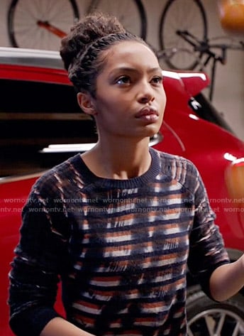 Zoey’s stripe and paint print sweater on Black-ish