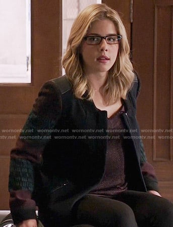 Felicity's navy coat with patterned sleeves on Arrow