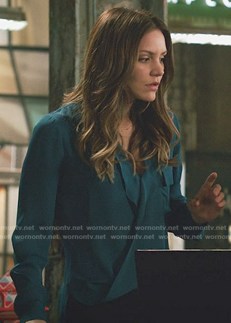 Paige's teal wrap blouse on Scorpion