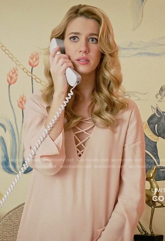 Petra’s blush pink lace-up dress on Jane the Virgin