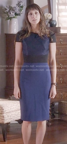 Spencer's blue and black folded neck dress on Pretty Little Liars