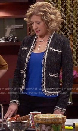 Vanessa’s black tweed jacket with white trim on Last Man Standing