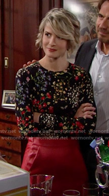 Caroline's floral long sleeved top and red leather skirt on The Bold and the Beautiful