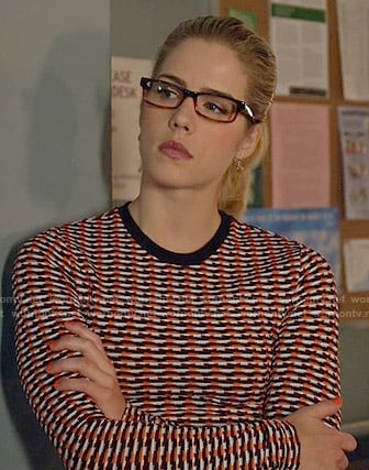 Felicity’s orange patterned long sleeve top on Arrow