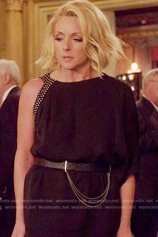 Jacqueline’s black studded one-sleeve dress on Unbreakable Kimmy Schmidt