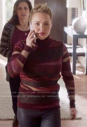 Juliette's burgundy sheer striped turtleneck top on Nashville