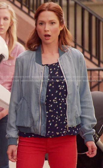 Kimmy's floral top, chambray bomber jacket and red jeans on Unbreakable Kimmy Schmidt